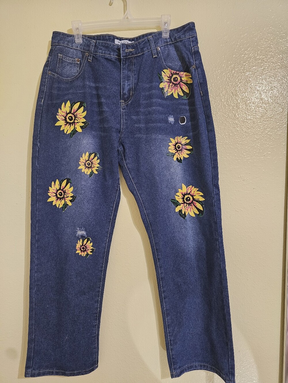 MISSLOOK Blue Denim Jeans with Yellow Sunflower Embroidery